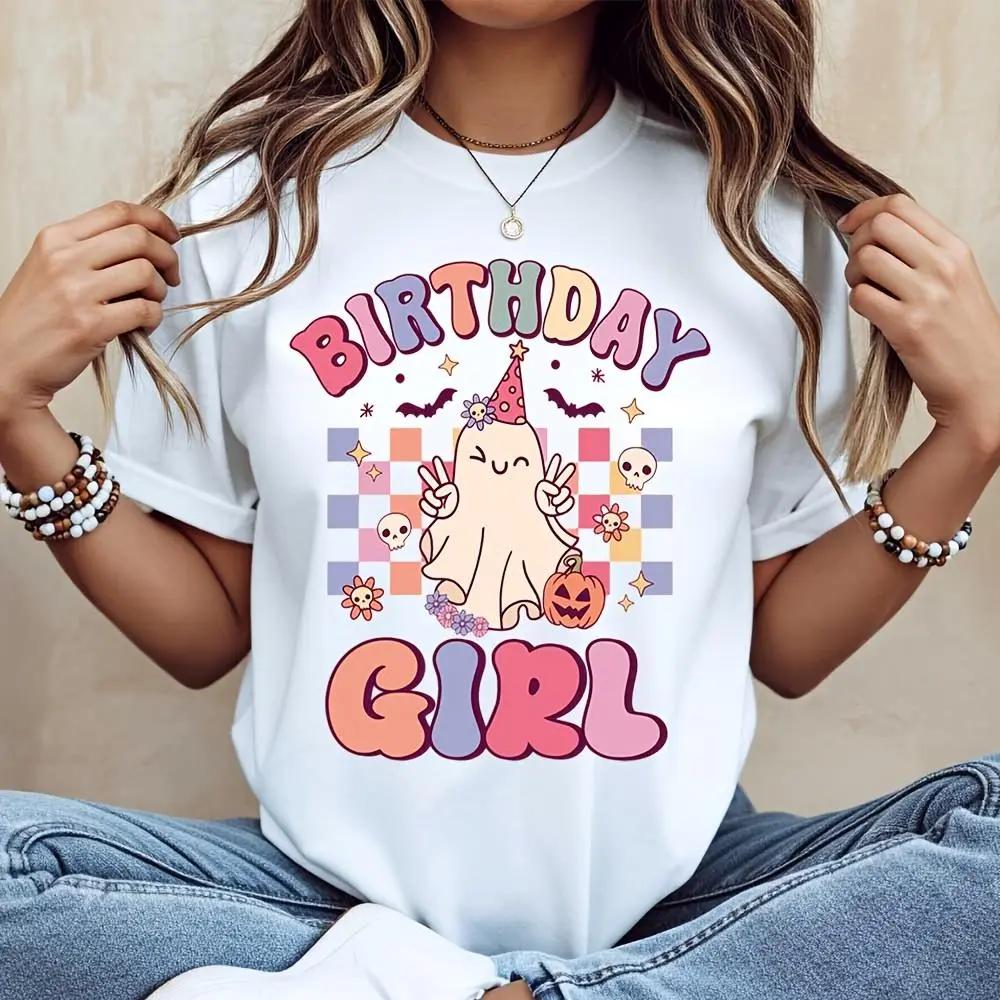 Cute Ghost Birthday Girl Print T-Shirt, Halloween Birthday Party Top, Festive Celebration Wear For Women