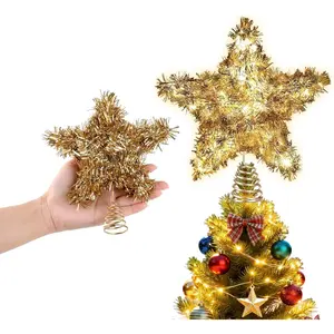 Christmas Tree Topper ,  Christmas Decor, Mini Shiny Golden 6 Inch Christmas Tree Decoration with 6H Timer, 20 Warm Lights for Xmas Tree, Holiday & Party, Indoor