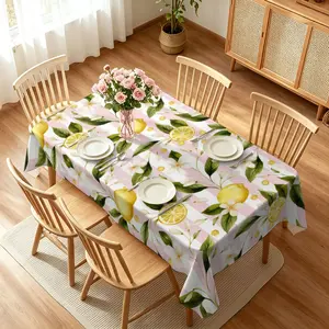 1pc Light Pink Gingham Tablecloth with Watercolor Lemon & Flower Print, Cheerful Summer Style, Stain-Resistant Polyester Table Cover for Indoor Dining, Picnic & Bridal Brunch