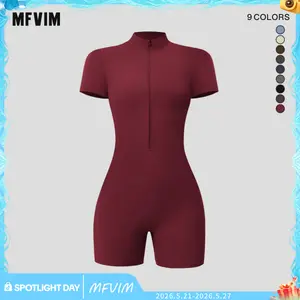Sporty Women’s Solid Color Zip-Up Half Placket Mock Neck Sports Skinny Tummy Control Romper, Casual Sport Quick-Dry Short-Sleeve Bodycon Romper for Yoga, Gym, Workouts, Running, Summer Outfits 2025