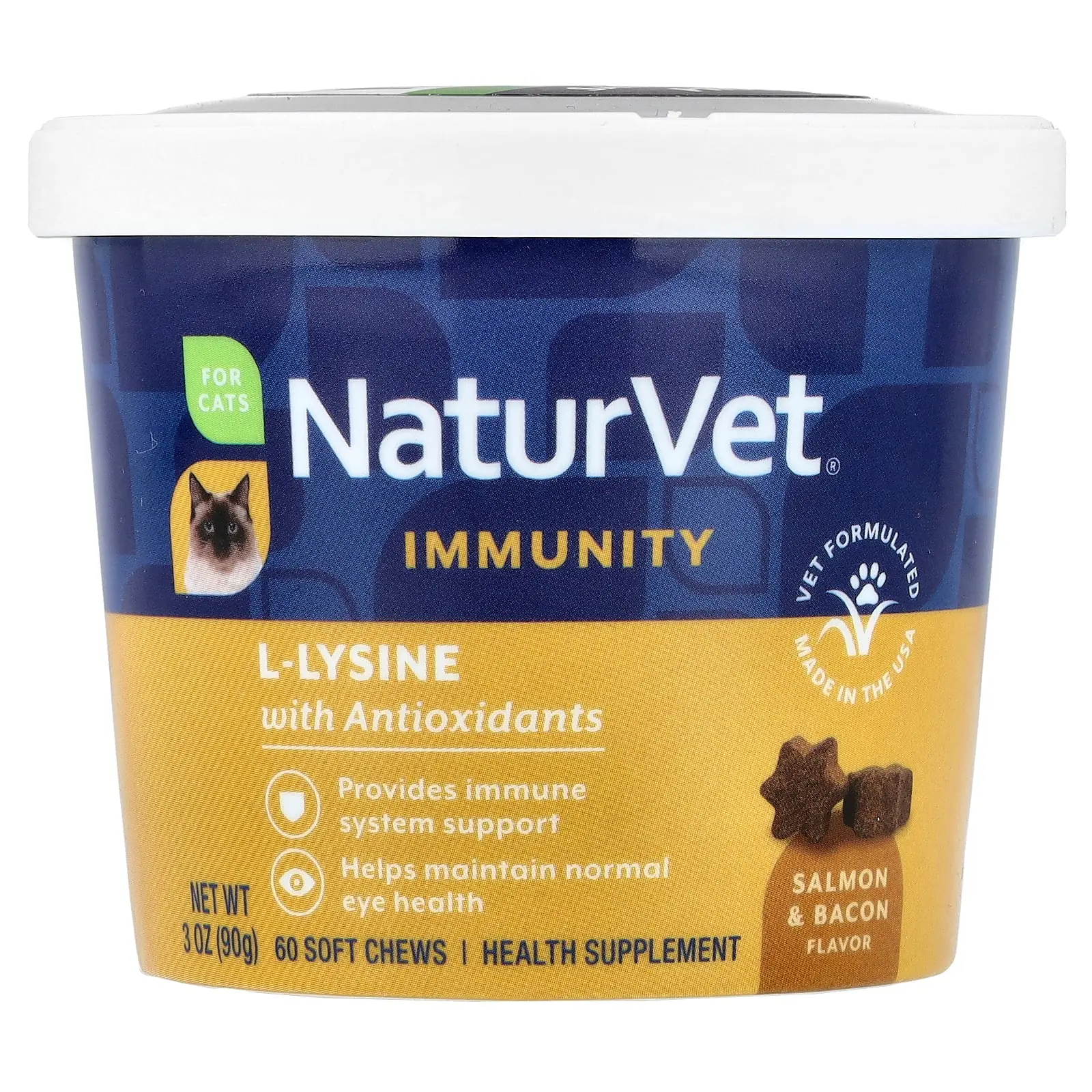 NaturVet Immunity, L-Lysine with Antioxidants, For Cats, Salmon & Bacon, 60 Soft Chews, 3 oz (90 g)