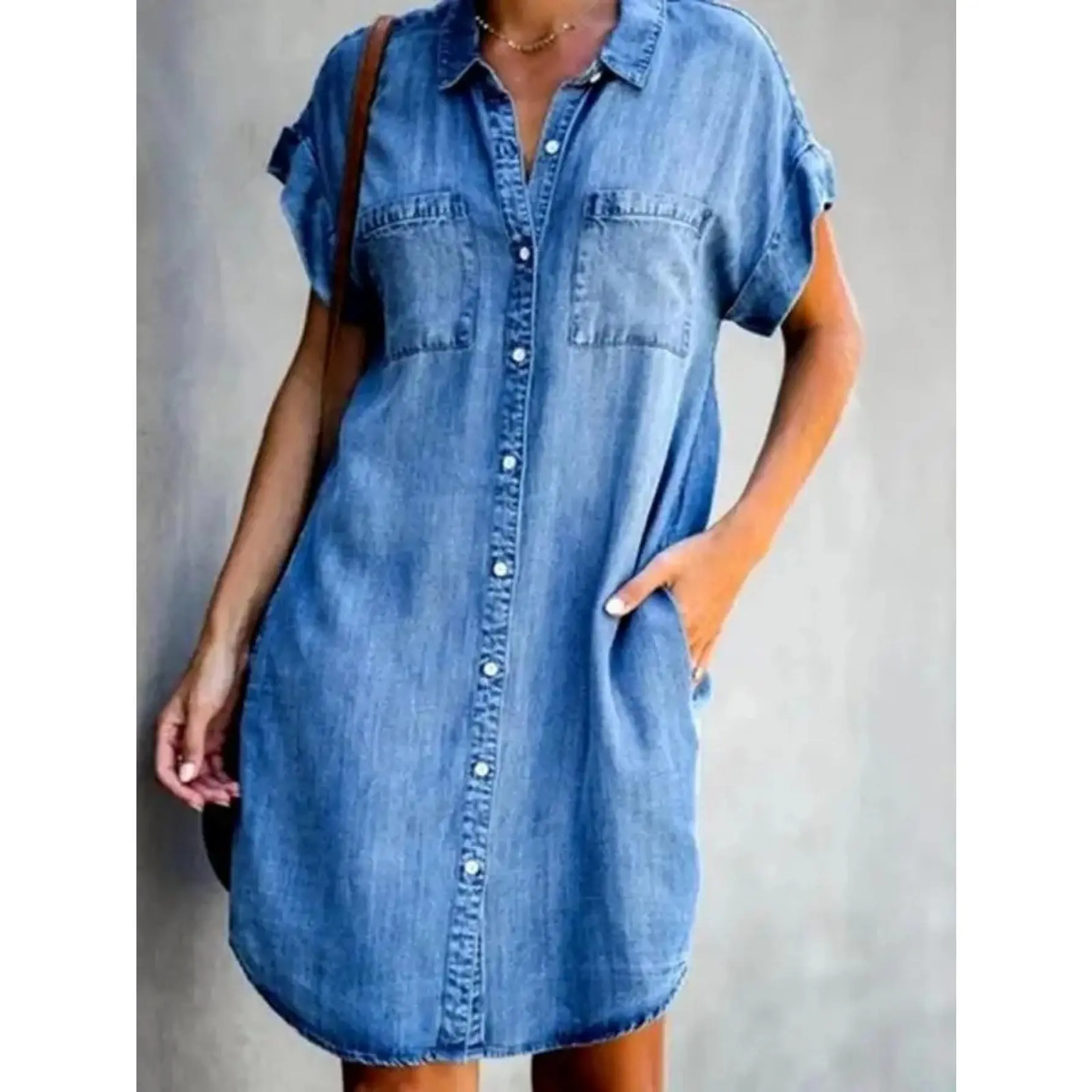 Women's Plus Size Collared Short-Sleeve Denim-Look Shirt Dress - Slim-Fit Button-Up, Feminine Oversized-Inspired Streetwear & Ballet Casual Office Summer Outfit with Matching Accessories, Leggings, Shortsleeve, Button Front, Women's Clothes, Curvy Women P