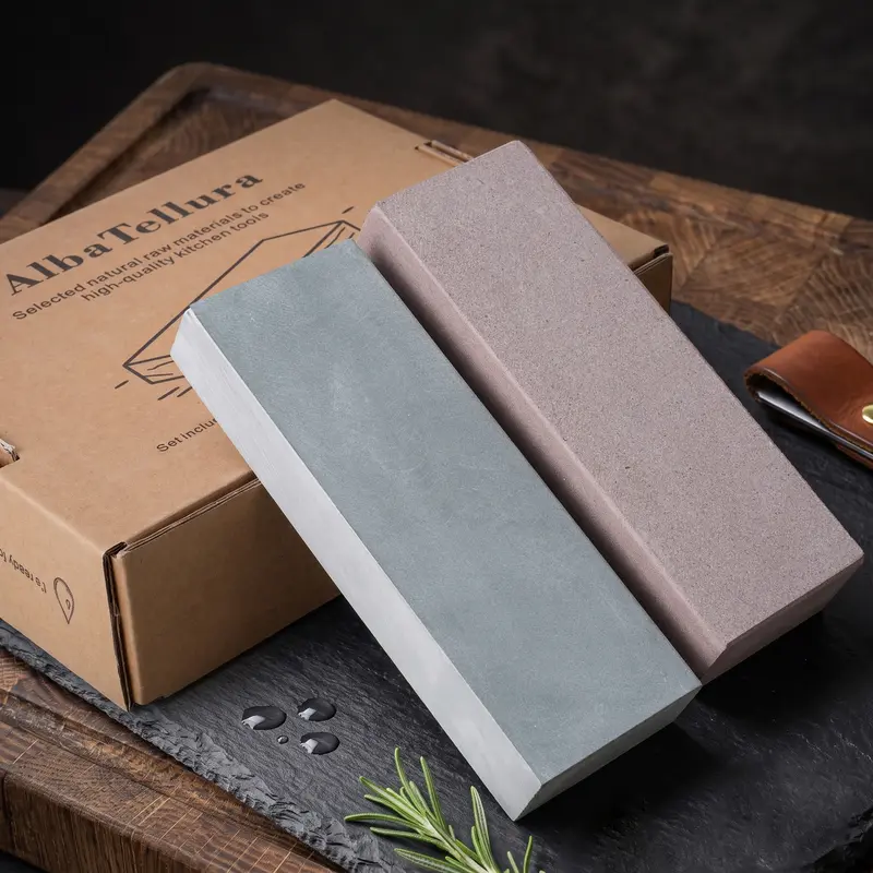 AlbaTellura Natural Stone Knife Sharpening Stone Set - 1000 & 3000 Grit Kitchenware, No Battery Durable Sharpener with Non-Slip Pad, Gift Boxed for Kitchen Knives, Minor Natural Texture Variations, No Magnets