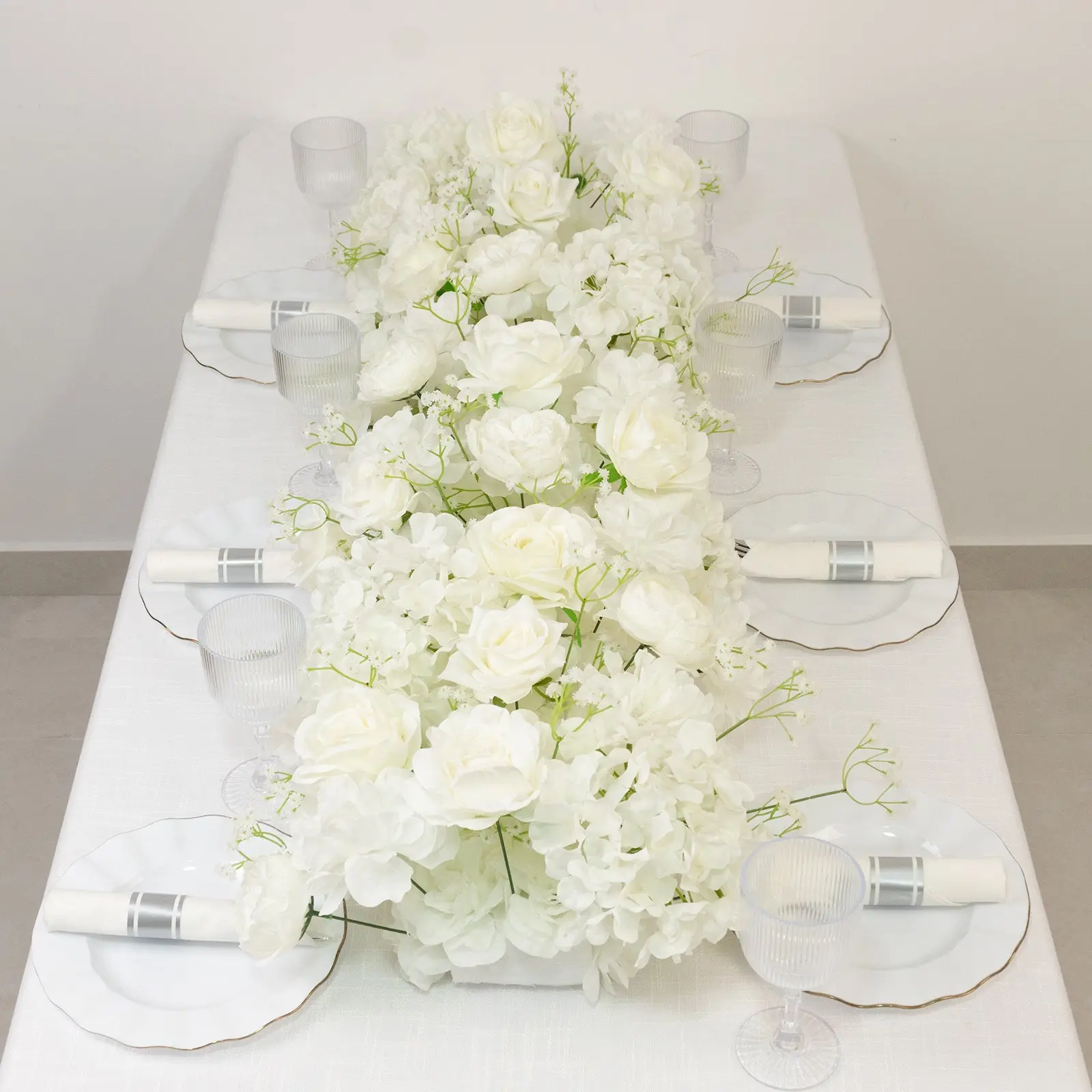 Pre-Arranged Silk Flower Runner 40"x16" – White Roses, Hydrangeas & Baby's Breath for Wedding Table & Arch Decor