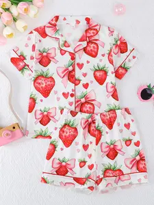 2-Piece Kids Pajama Set, Casual Strawberry Bow Heart Pattern, Fashion Open-Cardigan Short Sleeve Top and Shorts, Flame-Retardant Knit, All Seasons