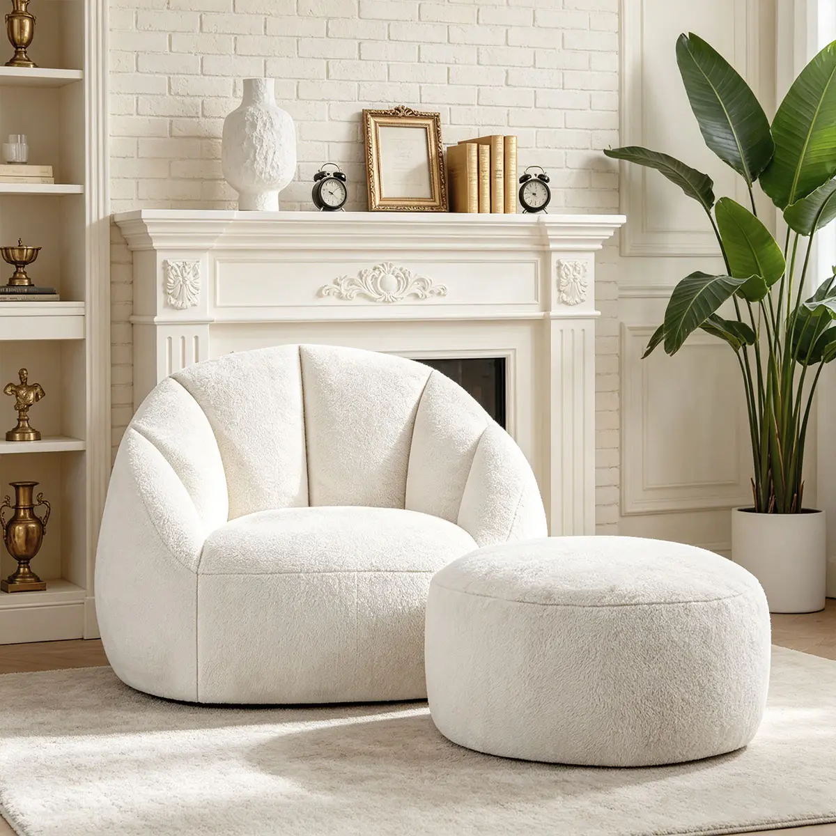 47.2“ Oversized Shell-Shaped Corduroy Bean Bag Chairwith Matching Ottoman for Adults, Giant Round Lazy Sofa Couch with Filler, Comfy Large Bean Bag for Reading Nook, Bedroom sohochic