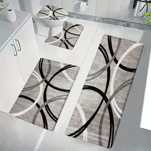 [Bathroom Mat Set]Grey Black White Curved Line Flannel Bath Rug Set, Non-Slip Water Absorbent Bathroom Mats, U-Shaped Toilet Lid Cover, Washable Shower Mat Set