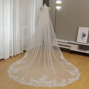 Sparkling Cathedral Length Bridal Veil with Silver Sequin Leaf Lace Embroidery