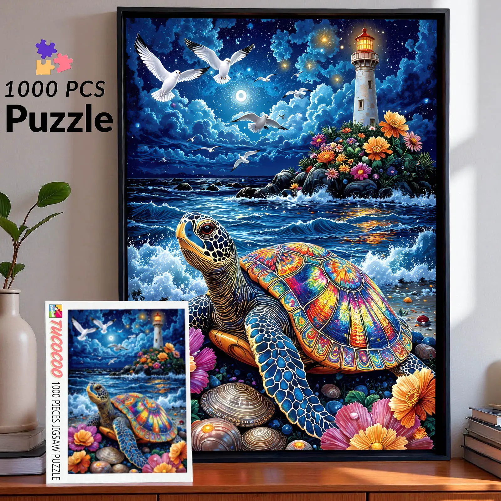 Colorful Sea Turtle Lighthouse Night 1000 Pieces Jigsaw Puzzle Relaxing Family Game Brain Exercise Stress Relief Ocean Fantasy Art Style Challenging Adult Puzzle Vibrant Wall Décor Creative Gift for Friends Seniors 27.5x20inch 70x50cm Jigsaw Puzzle
