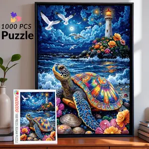 Colorful Sea Turtle Lighthouse Night 1000 Pieces Jigsaw Puzzle Relaxing Family Game Brain Exercise Stress Relief Ocean Fantasy Art Style Challenging Adult Puzzle Vibrant Wall Décor Creative Gift for Friends Seniors 27.5x20inch 70x50cm Jigsaw Puzzle