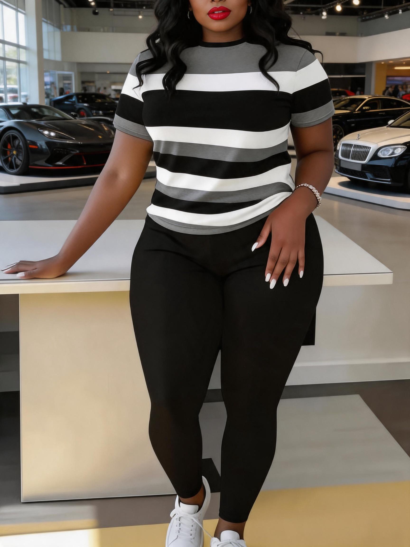 Women's Plus Size Striped Print Short Sleeve Top & Pants Two-piece Set, Casual Fashion Cozy Round Neck Top & Trousers for Daily Outdoor Wear