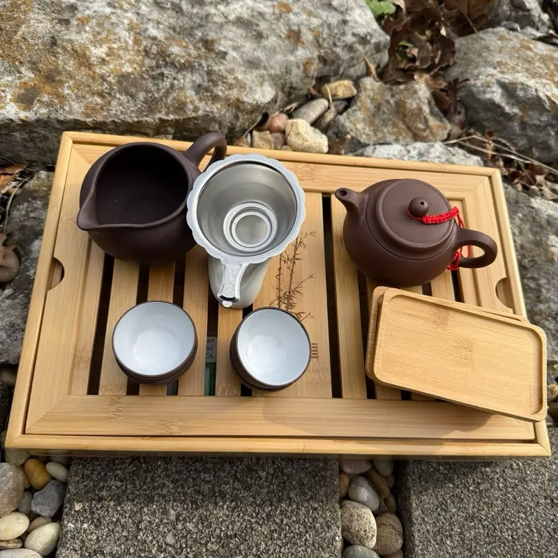 Yixing Gaiwan Starter Tea Set with Removable Infuser Red Ceramic Teapot 6 oz Cups 4 oz Clay Pot Bamboo Tray Traditional Aesthetic Strainer Holder for Tea Enthusiasts
