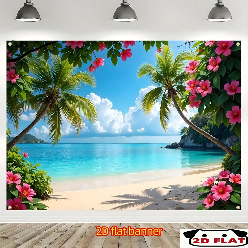 1PC 2D Flat Tropical Beach Floral Hawaiian Party Banner - Summer Vacation Decor, Outdoor Birthday Backdrop, Wall Decor Banner with Flowers for Backdrop