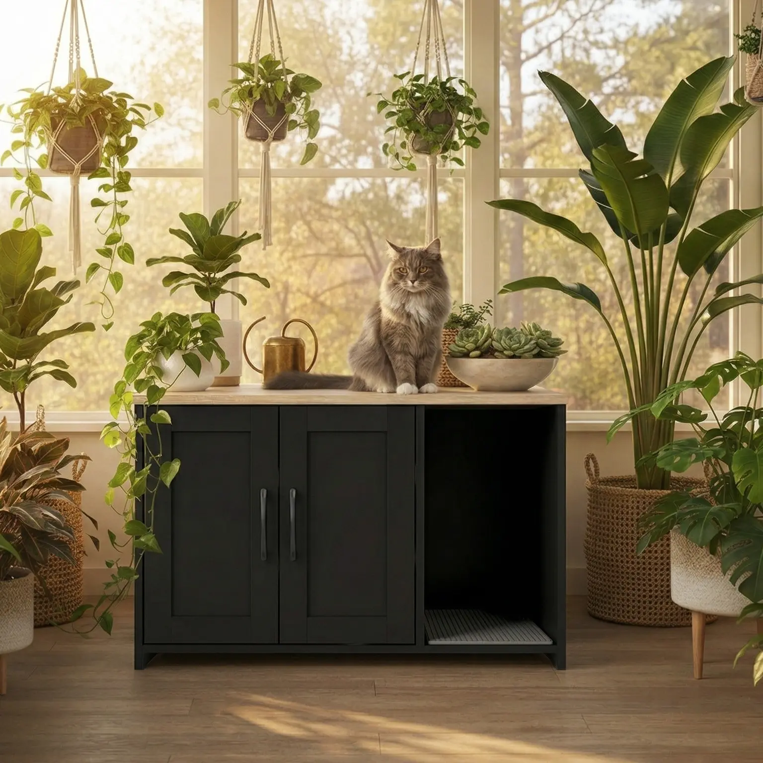 Cat Litter Box Enclosure,Cat Litter Box EnclosureFurniture,Hidden Litter Box Cabinet Furniture,Wooden CatWashroom, Storage Cabinet, indoor Pet House,Black,White