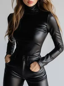 YYTK2025DEC088A Womens Shiny Metallic Long Sleeve T-Shirt Slim Fit Mock Neck Tops for Cocktail Party,Women's Fall Fashion High-Neck Slim-Fitting Knitwear, Elastic Half-High Neck Top, Versatile & Stylish Design, Perfect for Daily Wear