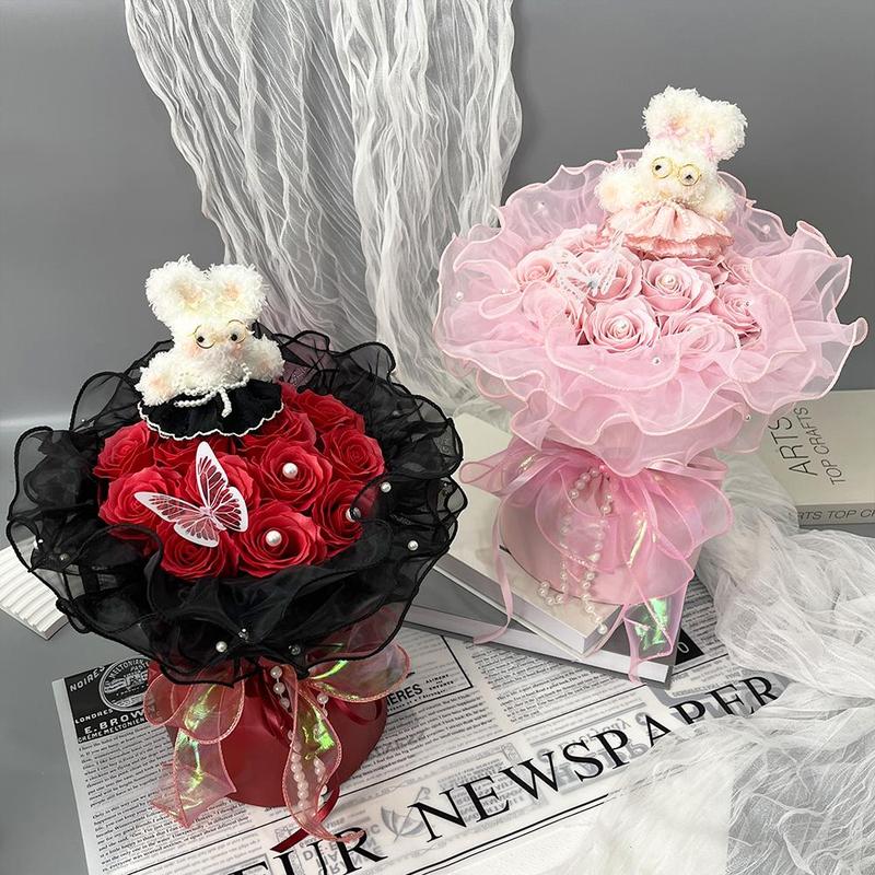 Artificial Rose Soap Flower Bouquet, 1 Count Romantic Lace Faux Rose Flower Bouquet, Gift for Women, Birthday Gift, Party Decoration