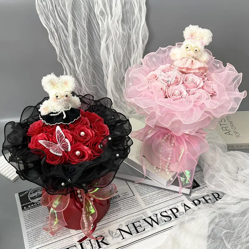 Artificial Rose Soap Flower Bouquet, 1 Count Romantic Lace Faux Rose Flower Bouquet, Gift for Women, Birthday Gift, Party Decoration