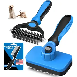 3PCS Self Cleaning Slicker Brush & Pet Grooming Rake & Flea Comb for Dogs, Cats and Horses | Double-Sided Dematting Comb & Skin Friendly Deshedding Grooming Tool | Premium Pet Supplies (Blue)