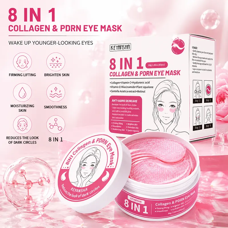 8 in 1 Collagen PDRN Under Eye Gel Patches 60 Count Hydrate Brighten Reduce Dark Circles & Puffy Eyes Anti Wrinkle Eye Mask