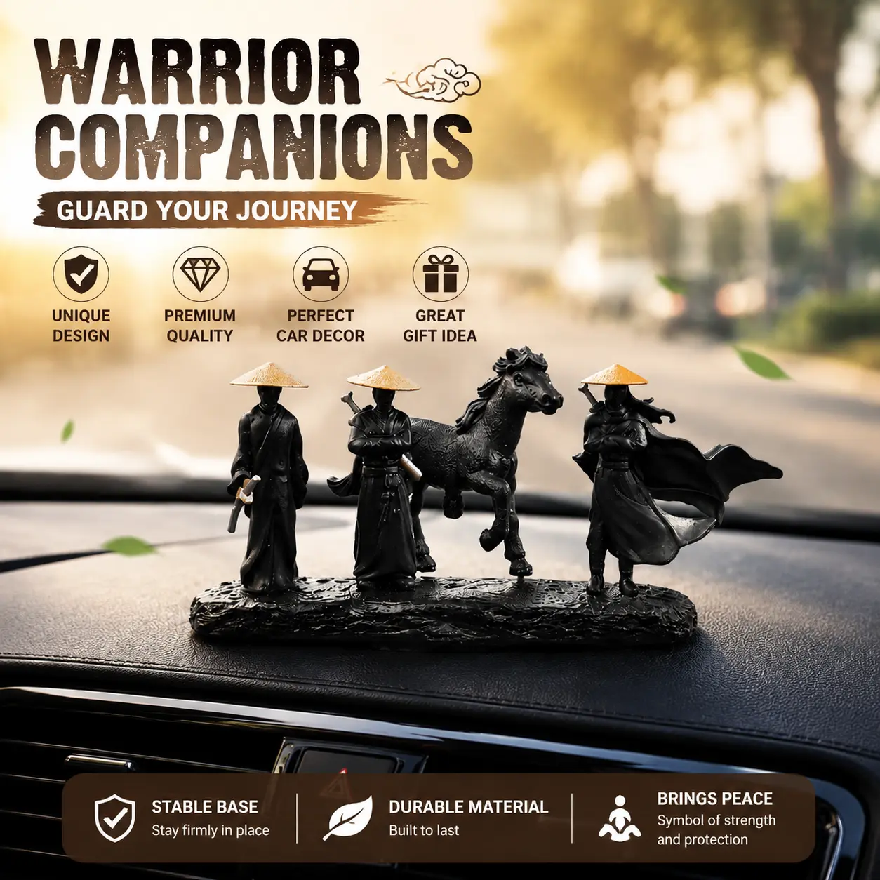 Vintage Eastern Swordsman Car Dashboard Ornament Set, Cool Ronin Samurai Miniature Figures with Horse, Aesthetic Ancient Knight Auto Interior Decoration, Male Car Aesthetics Office Desk Toy Gift, 4-Piece Creative Tabletop Collectibles