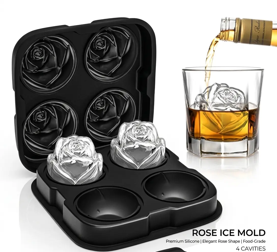 4-Cavity Rose diamond skull round ball Ice Mold Tray - Large Silicone Ice Tray for Whiskey, Cocktails & Coffee, Makes Big Rose Ice Balls for Drinks, Perfect for Bar & Home Use #GLOBAL PICKS