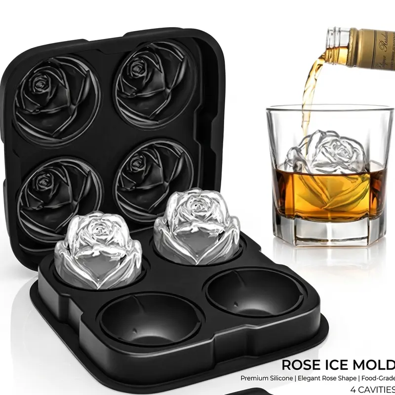 4-Cavity Rose diamond skull round ball Ice Mold Tray - Large Silicone Ice Tray for Whiskey, Cocktails & Coffee, Makes Big Rose Ice Balls for Drinks, Perfect for Bar & Home Use #GLOBAL PICKS