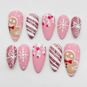 Christmas Pink Snowflake Gingerbread Man Press On Nails - Candy Cane Holiday Fingernails - Handmade Fake Nails