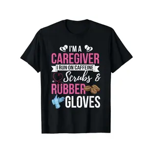 Caregiver Funny T-Shirt for Men Black Casual Crewneck Short Sleeve Tops with Tropical Design I'm a Caregiver I Run on Caffeine Scrubs & Rubber Gloves