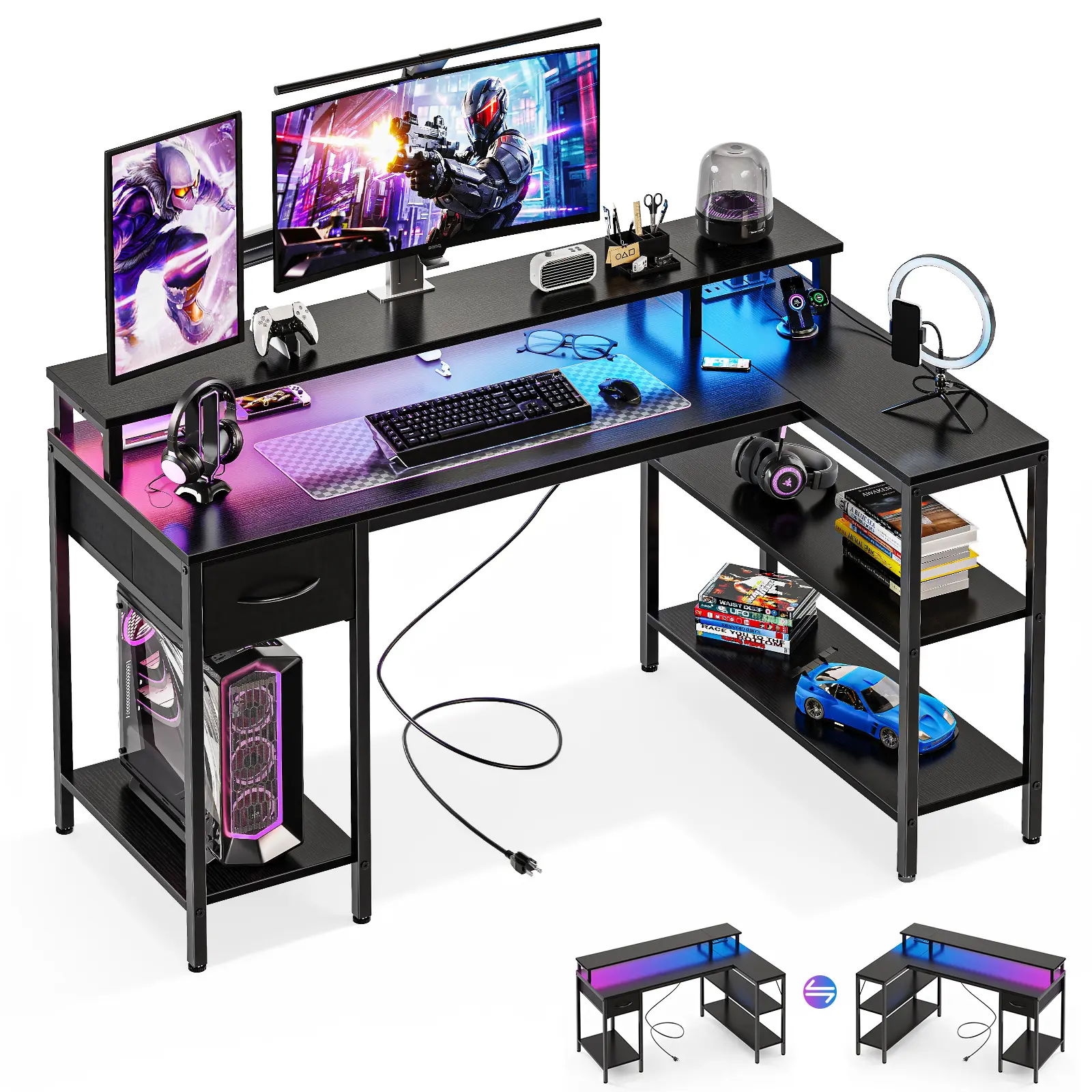 Reversible L-Shaped Sturdy Computer Corner Gaming Desk - Adjustable Monitor Stand, USB Charging Ports, LED Lights, Power Outlets, Storage Shelves, Home Office Desks, Gamer Stuff, Standout Holiday Gift for Small Spaces
