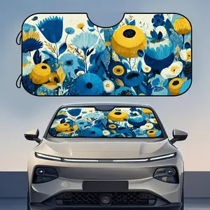 1pc, Golden and Blue Blooms Design Polyester Car Sunshade for Windshield, Car Window Shades, Car Accessory, Foldable and Lightweight, Ideal for Daily Driving, Outdoor Parking, and Short Term Storage