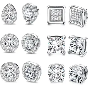 Jstyle 6 Pairs Magnetic Earrings for Women Men Stainless Steel Cubic Zirconia Earrings Stud Round Square Teardrop Earrings CZ Non Pierced Jewellery Hypoallergenic Fake Earrings Set Gift Daily