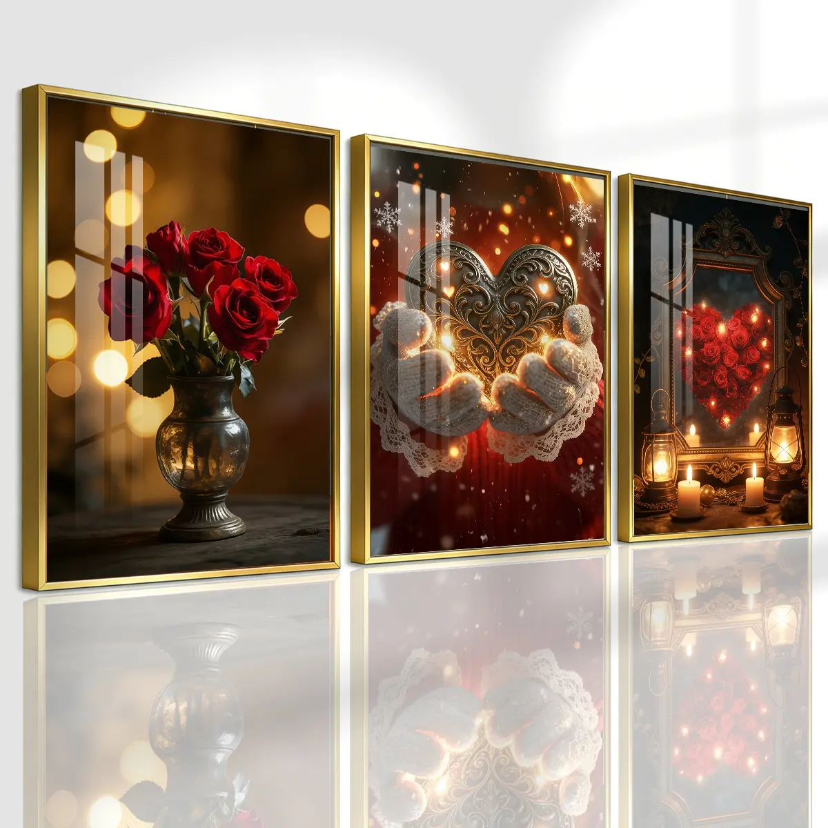 3 Counts Aluminum Alloy Framed Painting, Romantic Red Roses And Heart Art Pictures, Home Decoration For Living Room, Bedroom, Office, Restaurant, Hallway Wall Decor, Odorless Print Artwork, Luxury Perfect Gift For Friends And Family