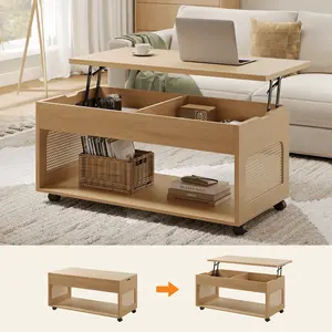 Sikaic 2-in-1 Lift-Top Rattan Coffee Table with Wheels, Hidden Compartment and Large Storage Shelf Natural Color