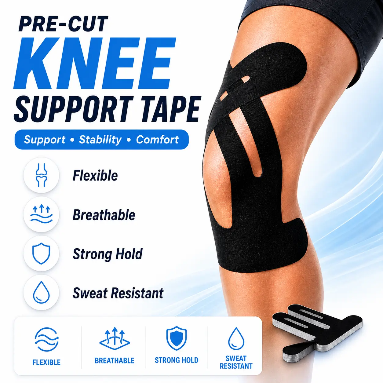 Precut Kinesiology Tape for Knees, 10 Pcs Waterproof Elastic Athletic Knee Support Tape, Sports Tape for Running, Gym, Basketball, Workout, Exercise & Training, Flexible Adhesive K Tape for Men & Women