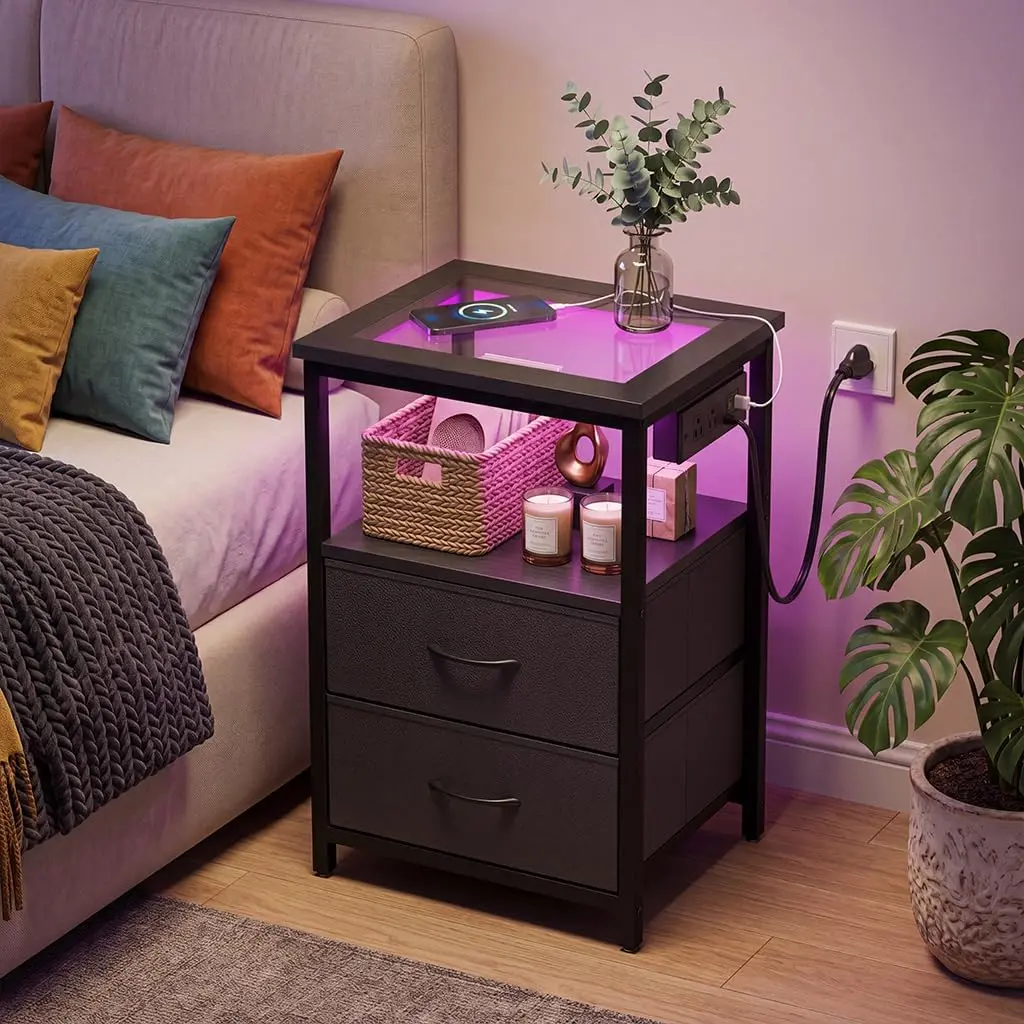 2 Drawers Night Stand with Glass Clear Desktop, Nightstand with Charging Station and Led Light, Side Table for Bedroom, Modern End Table for Bedroom Decor, Black