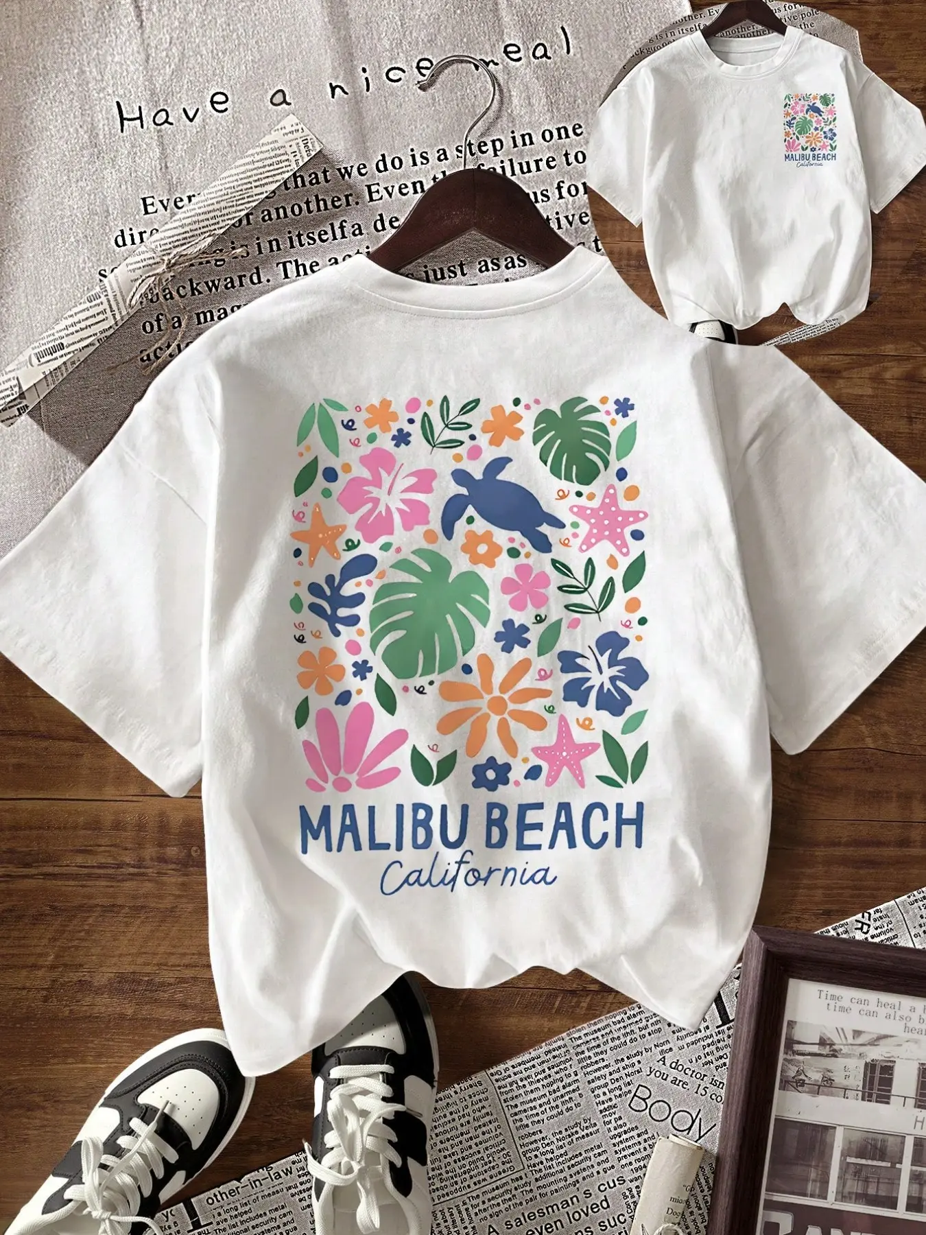 Vintage Tropical Style Malibu Beach Floral Turtle Graphic Print Short Sleeve T-Shirt, Streetwear, Loose Fit, Breathable Fabric, Summer Wear, Casual