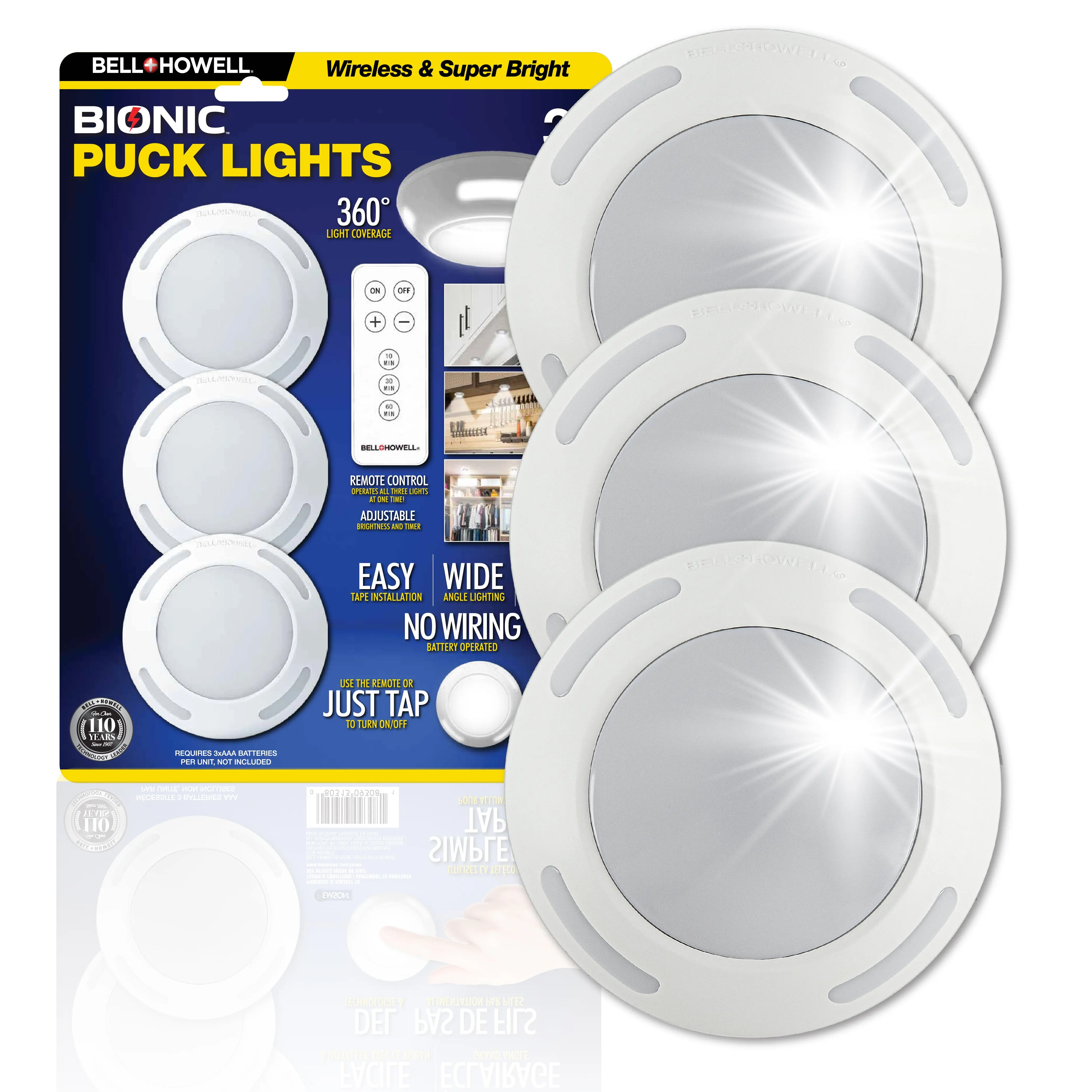 Bionic Puck Lights – Set of 3, Wireless LED Under Cabinet Lighting with Remote & Tap Control, Battery Powered, Dimmable Closet Lights with Timer Bionic Puck Lights – Set of 3, Wireless LED Under Cabinet Lighting with Remote & Tap Control, Battery Powered, Dimmable Closet Lights with Timer