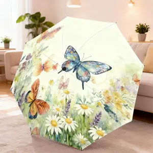 Watercolor Butterfly Daisy Umbrella, Romantic Automatic Open-Close Portable Travel Umbrella, Durable 8 Ribs, Sun Protection, Women's Outdoor Activity