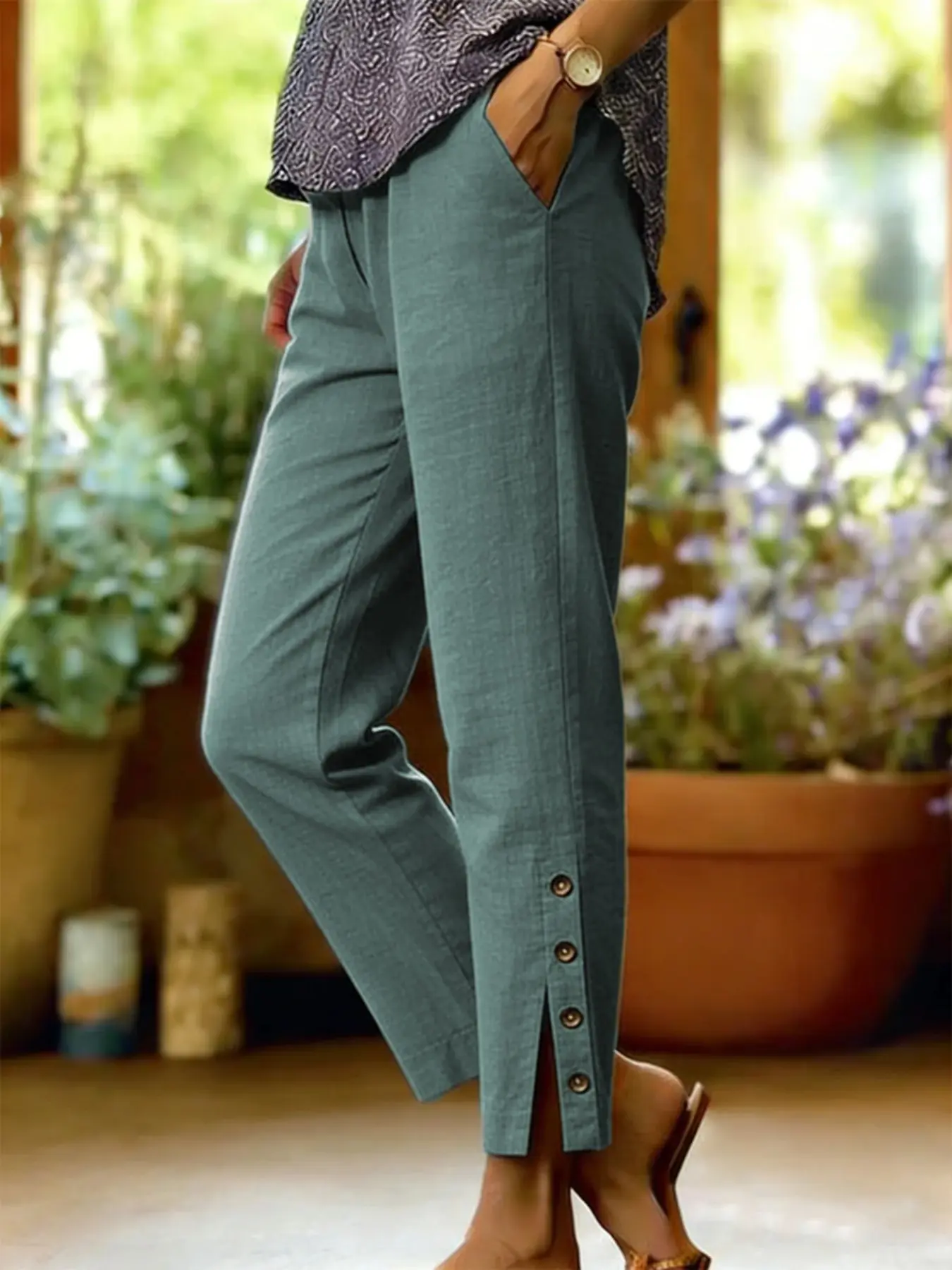 European and American Fashion New Arrival Women's Side Button Nine-Part Straight Leg Casual Pants, Trendy and Comfortable Design, Casual Wear