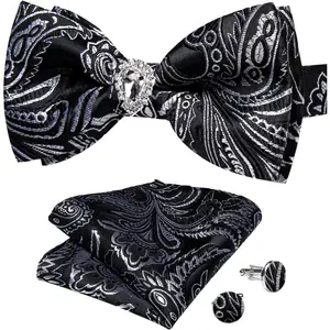 DiBanGu Mens Paisley Floral Bow Ties Pre-Tied Pocket Square Cufflinks Set Wedding Formal