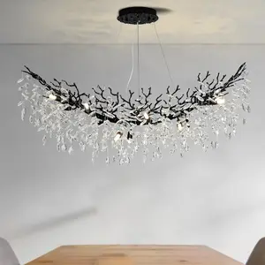 63inch Modern tree-shaped black crystal chandelier, dimmable luxury rectangular chandelier, suitable for dining room, kitchen island, living room foyer