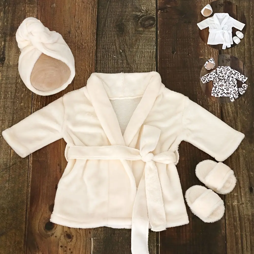 Comfortable Cream Baby Bathrobe with Matching Slippers and Scarf - Newborn Photography Props, Suitable Baby Boys and Girls, Soft Lycra Fabric, Cotton Ruched Two-Piece Set Toddler Girls, Summer Dress Outfit with Sheer Fabric