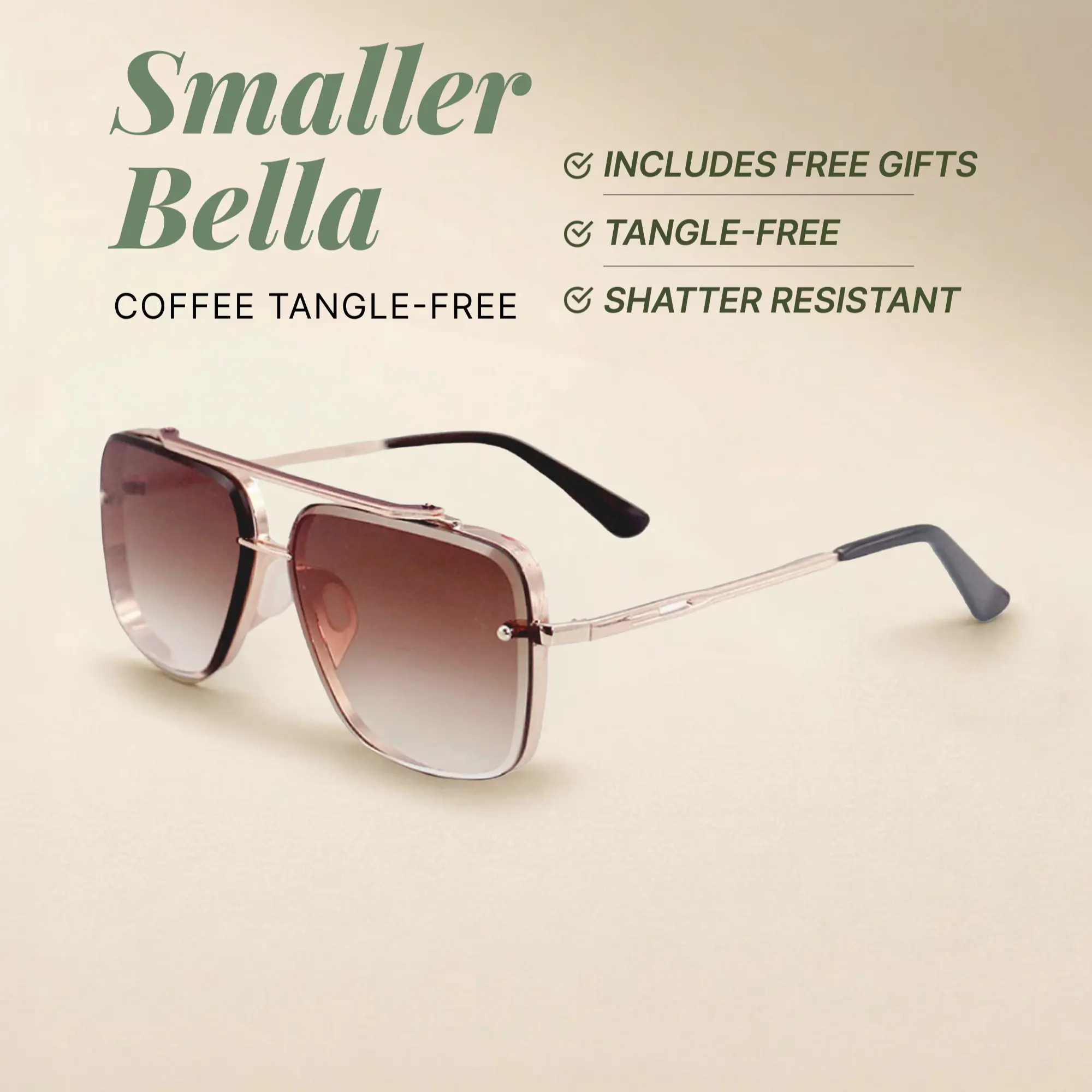 Smaller Bella - Coffee - Tangle Free Aviator Sunglasses - Certified Shatter-Resistant Lenses - UV400 - For Women & Men