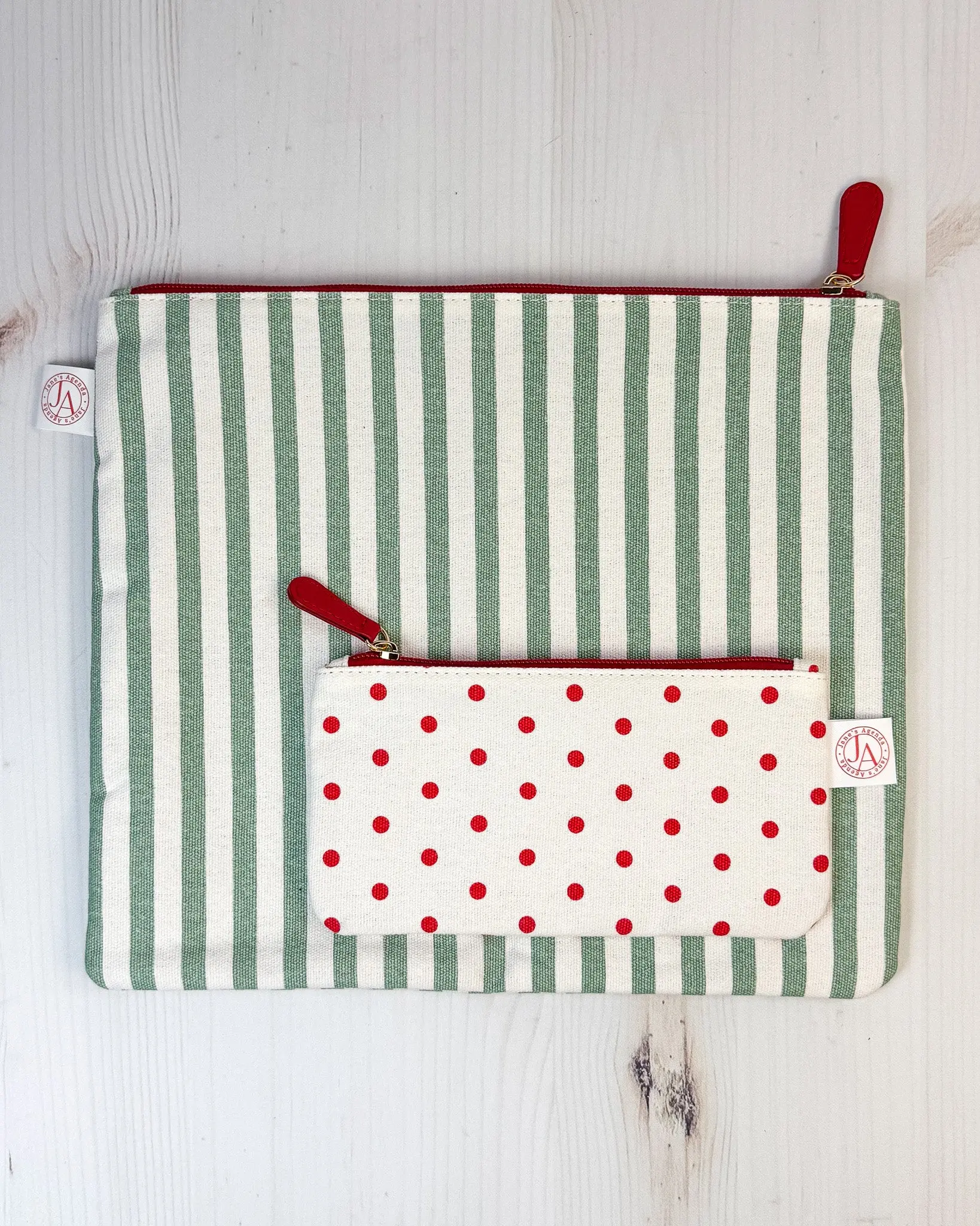 Women's 2-Piece Canvas Zipper Pouch Matching Pair - Striped/Dots Designs, Clutch & Wristlet Organized Sets with 2 Sizes for Organization Needs