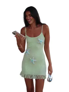 Women Knit Starfish Beaded Mini Dress Y2k Tassel Trim Cami Bodycon Beach Cover Up Summer Casual Party Sundress