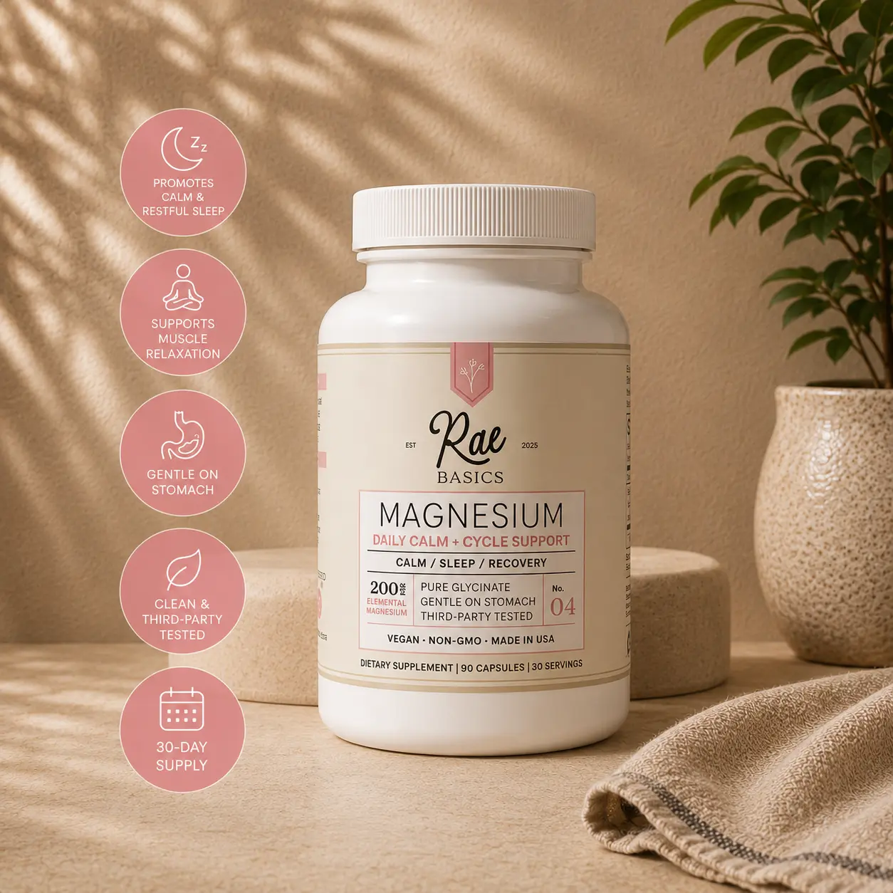 Rae Basics Magnesium Glycinate 200mg, Pure Non-Buffered Chelated Magnesium for Women, Supports Calm, Sleep and Muscle Relaxation, Vegan, Third-Party Tested, Made in USA, 90 Capsules