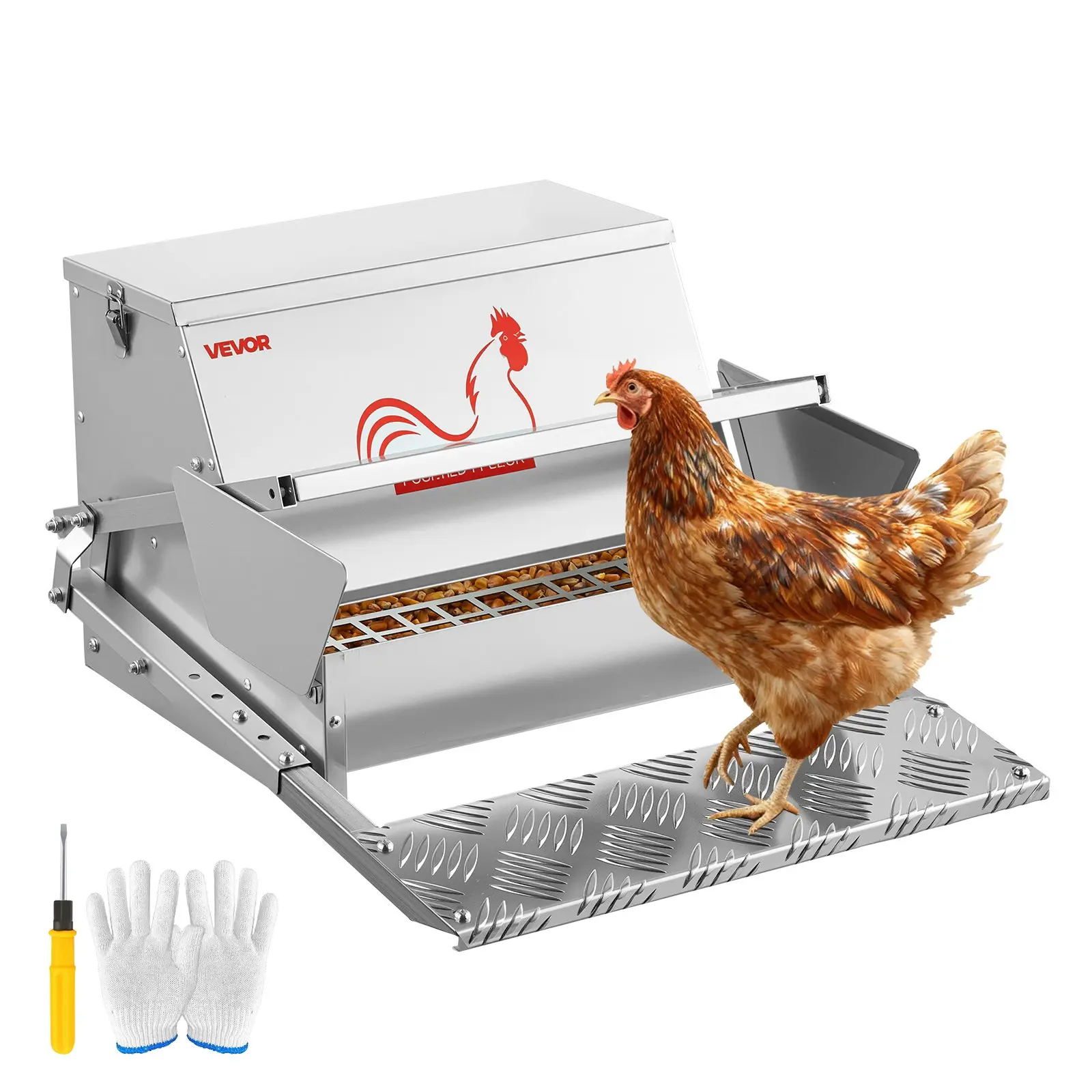【Summerfinds】VEVOR Automatic Treadle Chicken Feeder, 25 lbs (11.34 kg) Capacity, Rainproof Galvanized Steel Feeder with Lockable Lid & Textured Surface, Auto Opening, Less Waste, Adjustable for Poultry, Outdoor Use for Bantams, Cleaner Coop, Automatic Fee