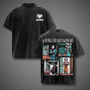 Waiting For Halloween Like Horror Tee - Washed Cotton Menswear Top |04 Smooth Streetwear Prints for Man, Casual Classic Gaming Style Clothes Soft