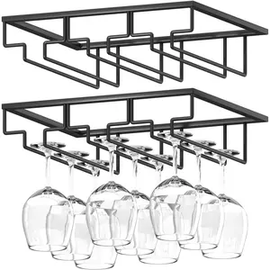 Glass Rack, 2 Pack Under Cabinet Stemware Rack  Glass Holder, 3 Rows Black Metal  Glass Storage Hanger Under Shelf for Cabinet Kitchen Bar