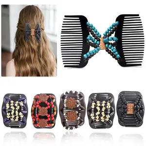 Magic Hair Combs for Women  Beaded Stretch Double Hair Side Combs Adjustable Elastic Hair Clips Bun Maker Hair Accessories,Pack of 6